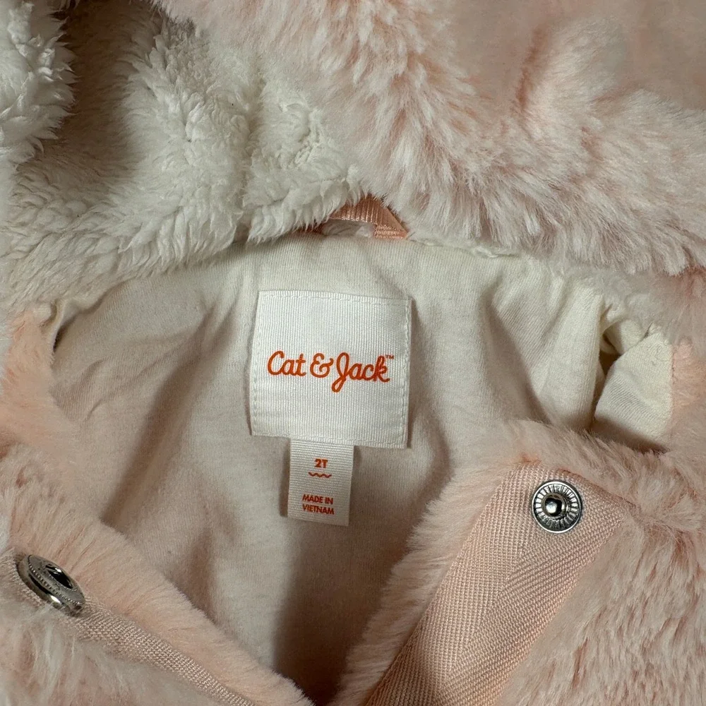 Cat & Jack Girls Peach Pink Faux Fur Hooded Jacket with Animal Ears Size 2T
